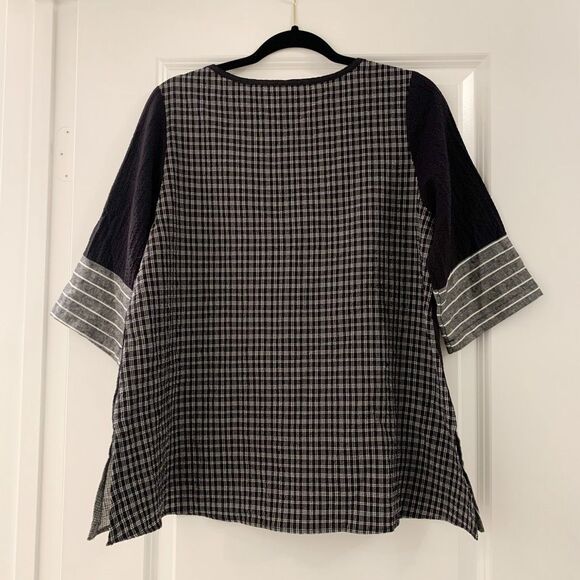 Soft Surroundings Sz S patchwork checked striped 3/4 sleeves oversized top boho - Picture 2 of 10
